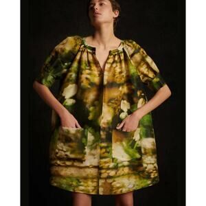 Soeur Serenade Silk Linen Blend Green Watercolor Mini Dress Women's Sz 38